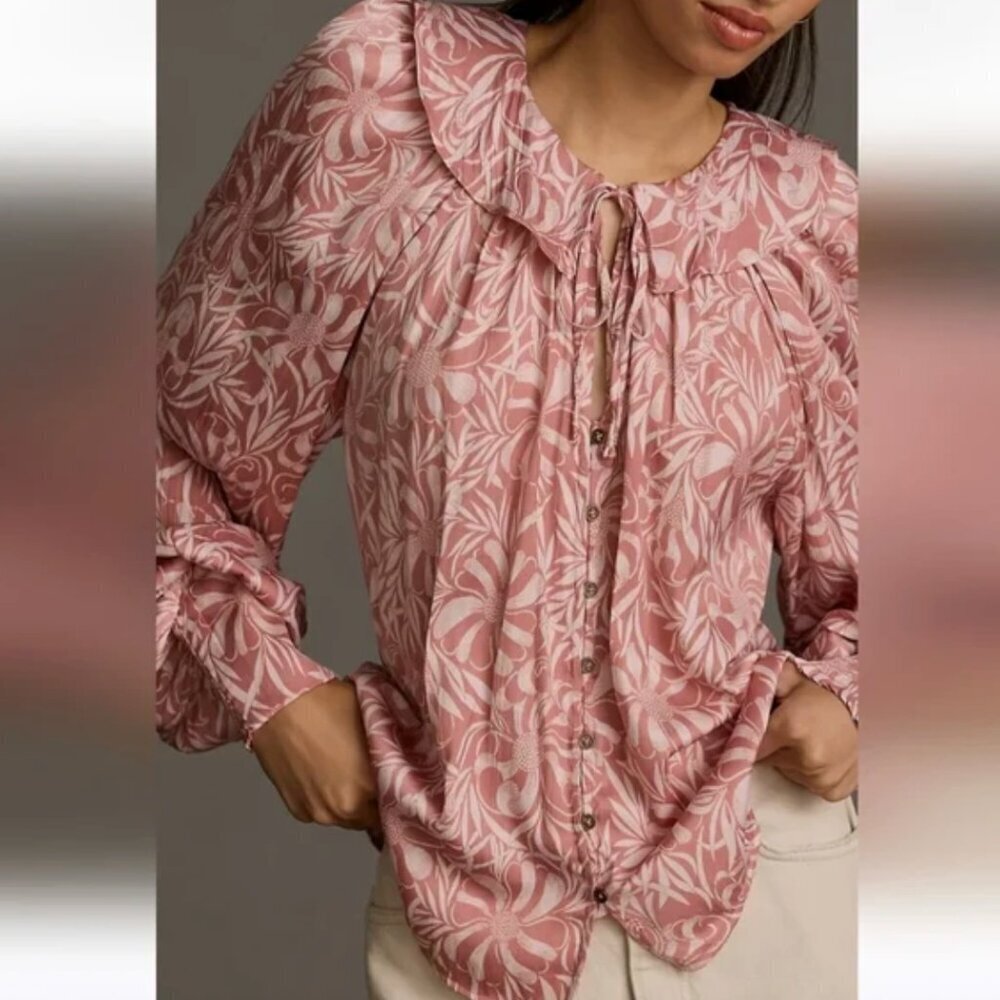 Florence Balducci Anthropologie Femme Blouse Collared Long Sleeve Top Pink Large - Picture 12 of 13